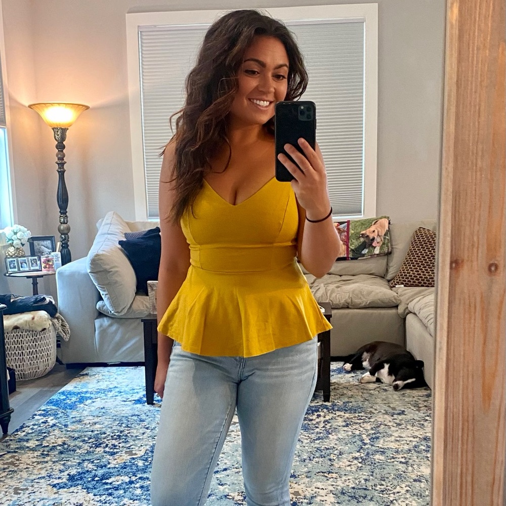 Deep yellow spaghetti strapped peplum top | Size Small